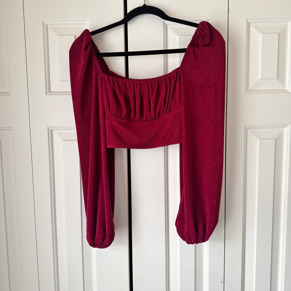 Princess Polly Burgundy Red Long Sleeve Crop Top Square Neck Ruched Bust US 2
